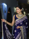 Banarasee Handloom Mashru Silk Saree With Sona Rupa Zari Work Border & Lace-Navy Blue
