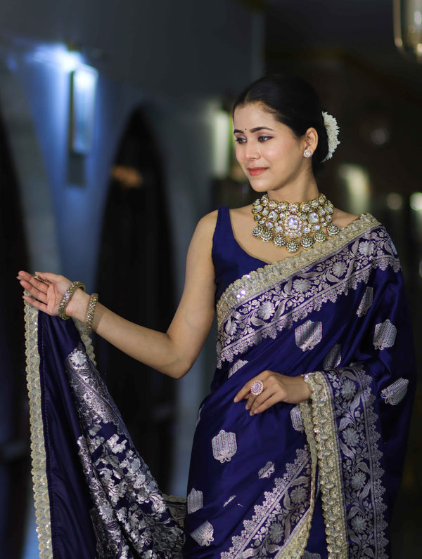 Banarasee Handloom Mashru Silk Saree With Sona Rupa Zari Work Border & Lace-Navy Blue