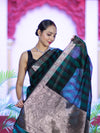 Banarasee Cotton Silk Saree With Stripes Pattern & Floral Zari Border-Deep Green & Black