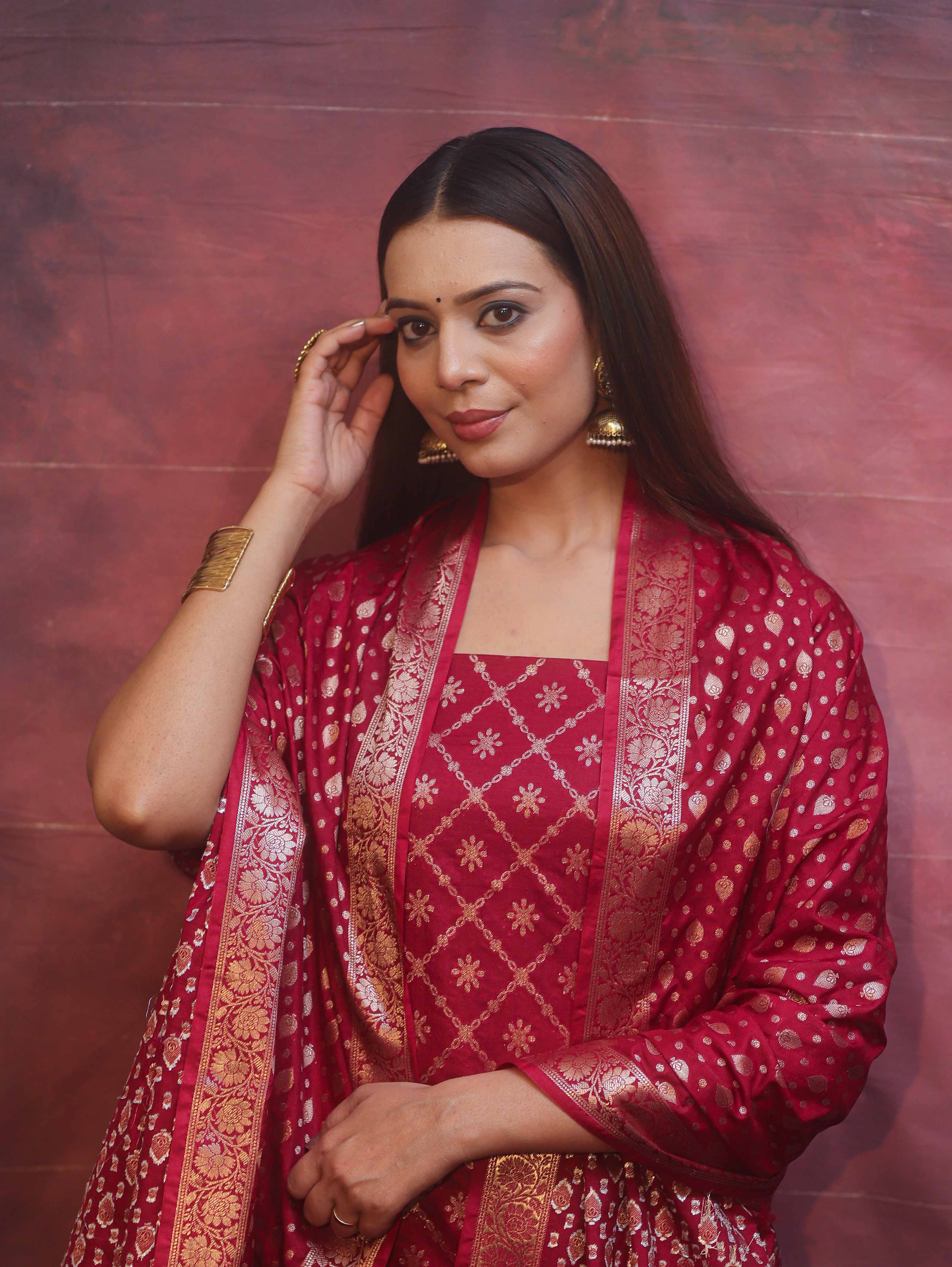Banarasee Semi-Silk Zari Design Salwar Kameez Fabric With Dupatta Set-Maroon