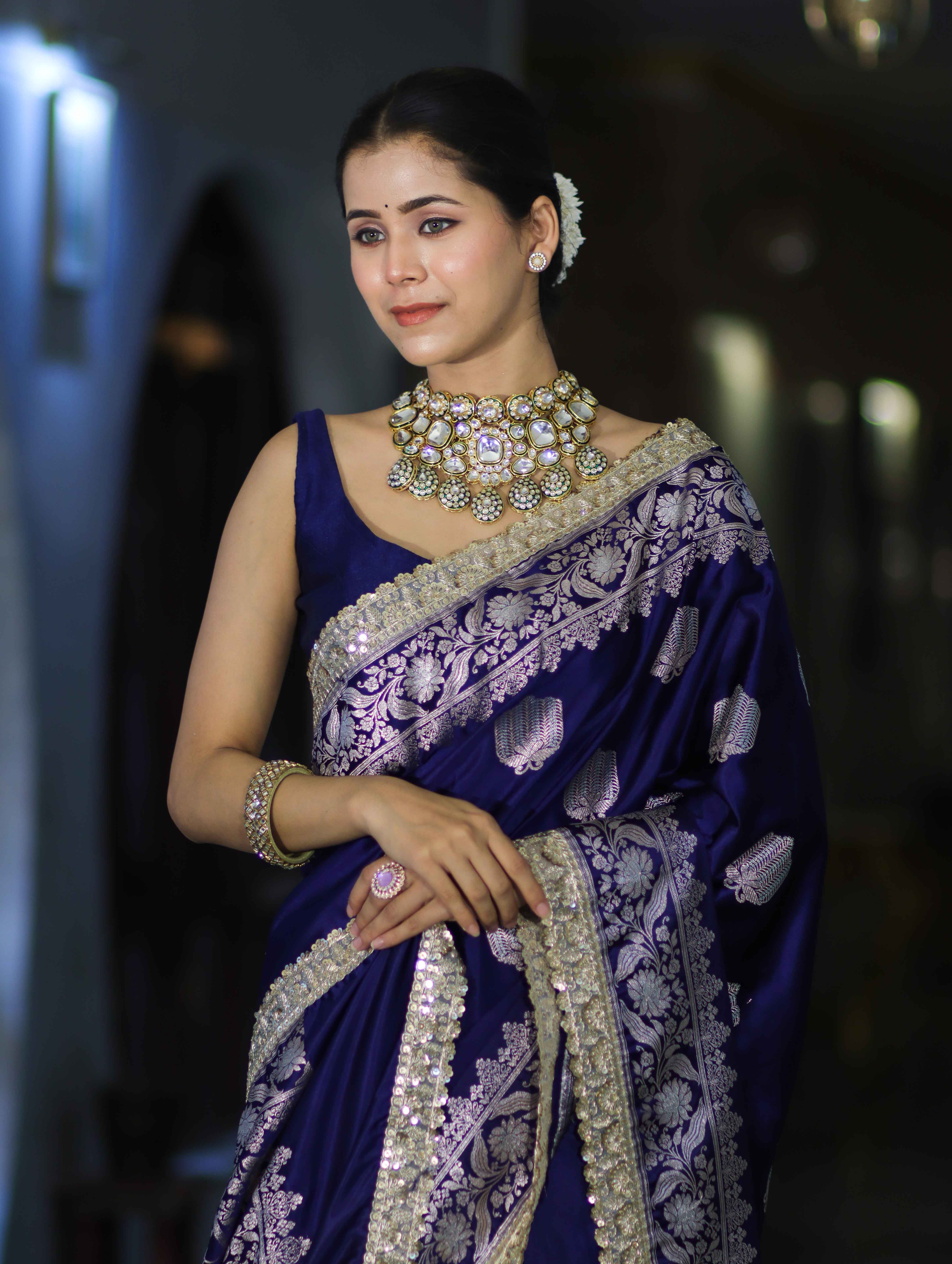 Banarasee Handloom Mashru Silk Saree With Sona Rupa Zari Work Border & Lace-Navy Blue