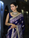 Banarasee Handloom Mashru Silk Saree With Sona Rupa Zari Work Border & Lace-Navy Blue