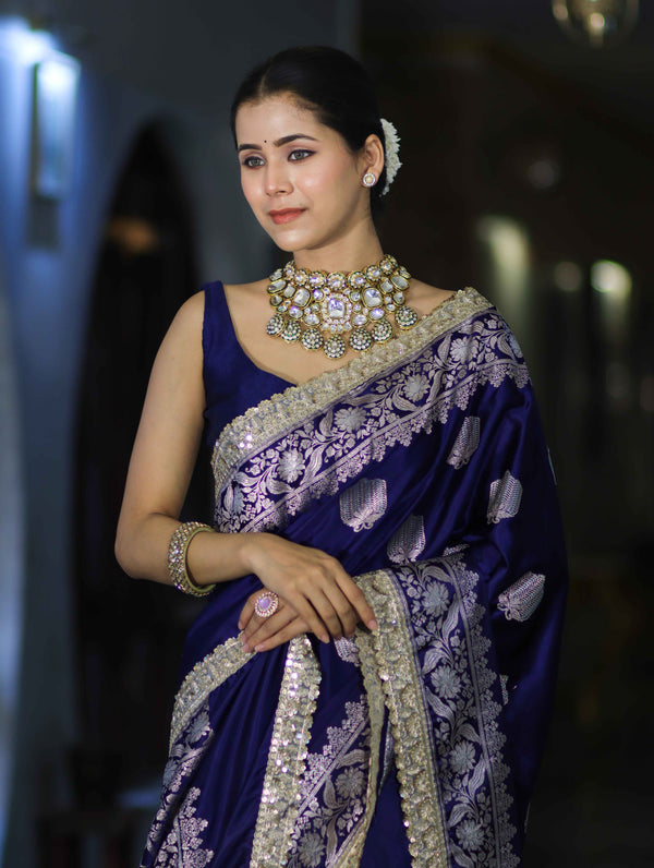 Banarasee Handloom Mashru Silk Saree With Sona Rupa Zari Work Border & Lace-Navy Blue