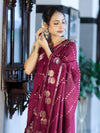 Banarasee Handloom Semi Dupion Silk Saree With Sona Rupa Zari Buti Design & Border-Burgundy