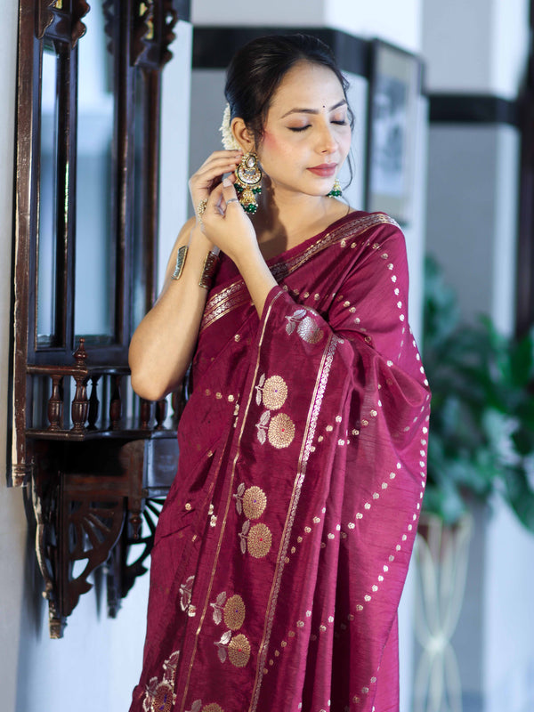 Banarasee Handloom Semi Dupion Silk Saree With Sona Rupa Zari Buti Design & Border-Burgundy