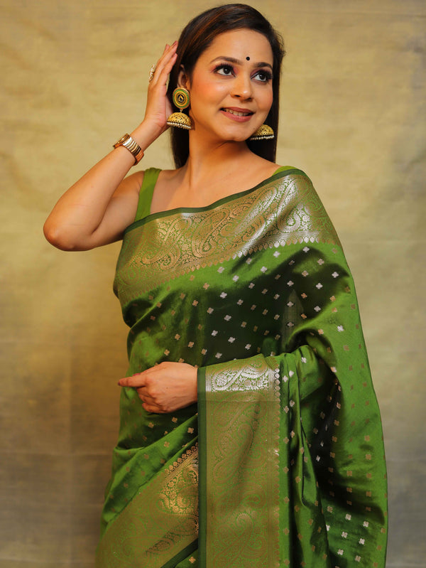 Banarasee Handwoven Semi Silk Saree With Zari Work-Olive Green