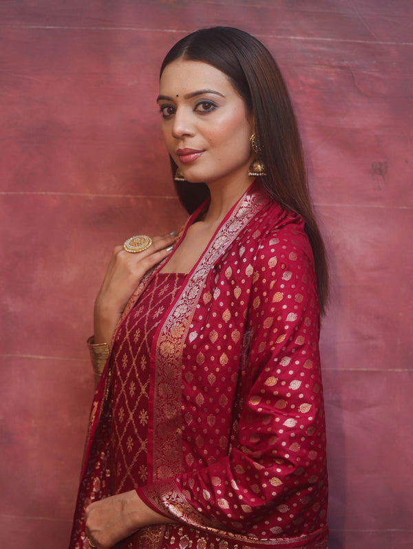 Banarasee Semi-Silk Zari Design Salwar Kameez Fabric With Dupatta Set-Maroon