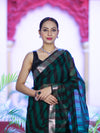 Banarasee Cotton Silk Saree With Stripes Pattern & Floral Zari Border-Deep Green & Black