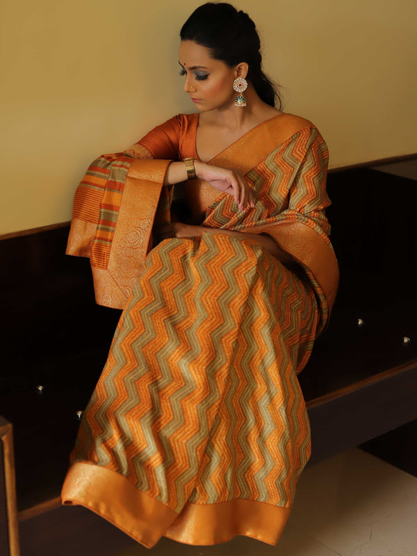 Banarasee Handwoven Semi-Tussar Zig-Zag Pattern Saree-Yellow