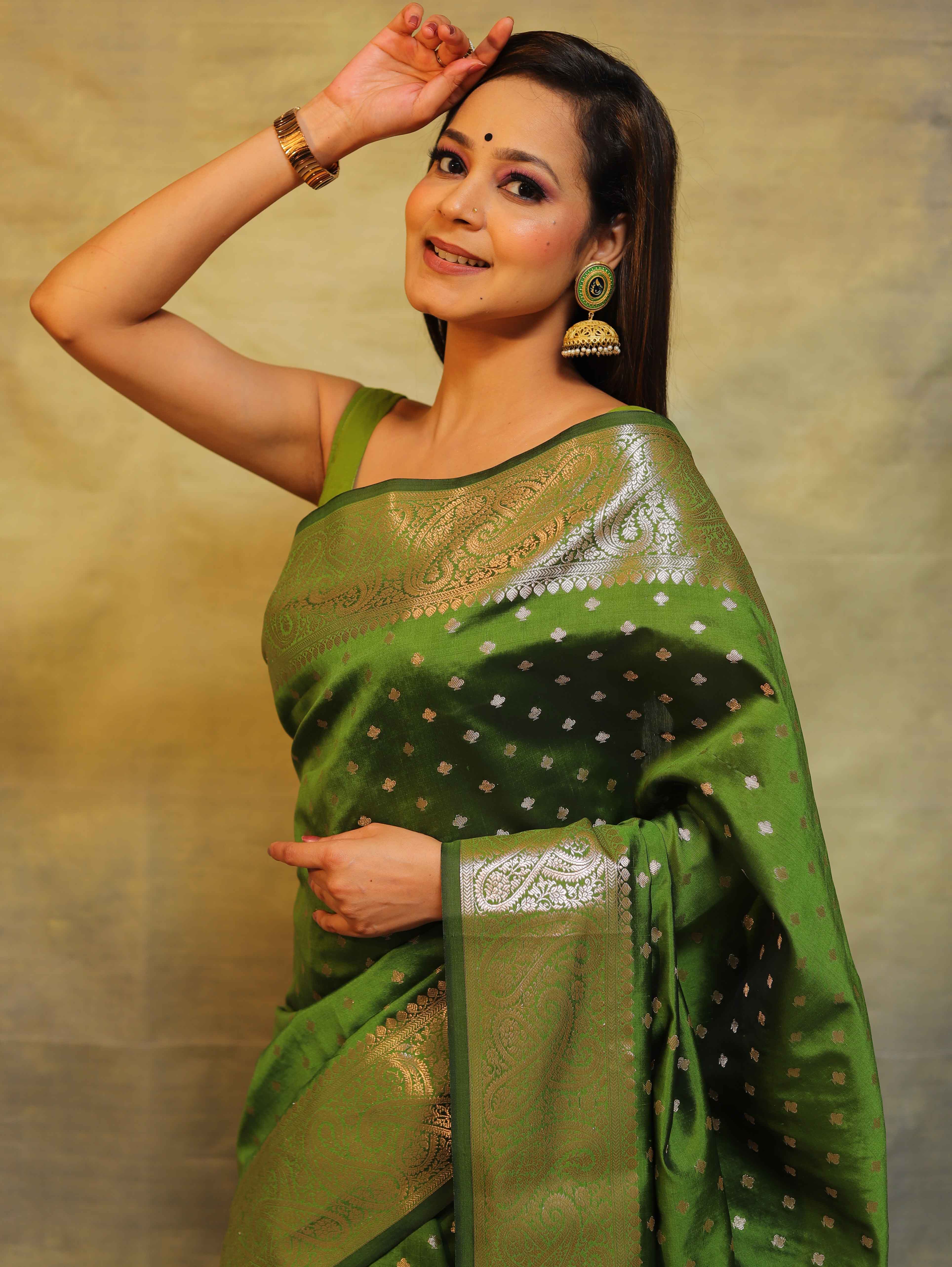 Banarasee Handwoven Semi Silk Saree With Zari Work-Olive Green
