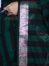 Banarasee Cotton Silk Saree With Stripes Pattern & Floral Zari Border-Deep Green & Black