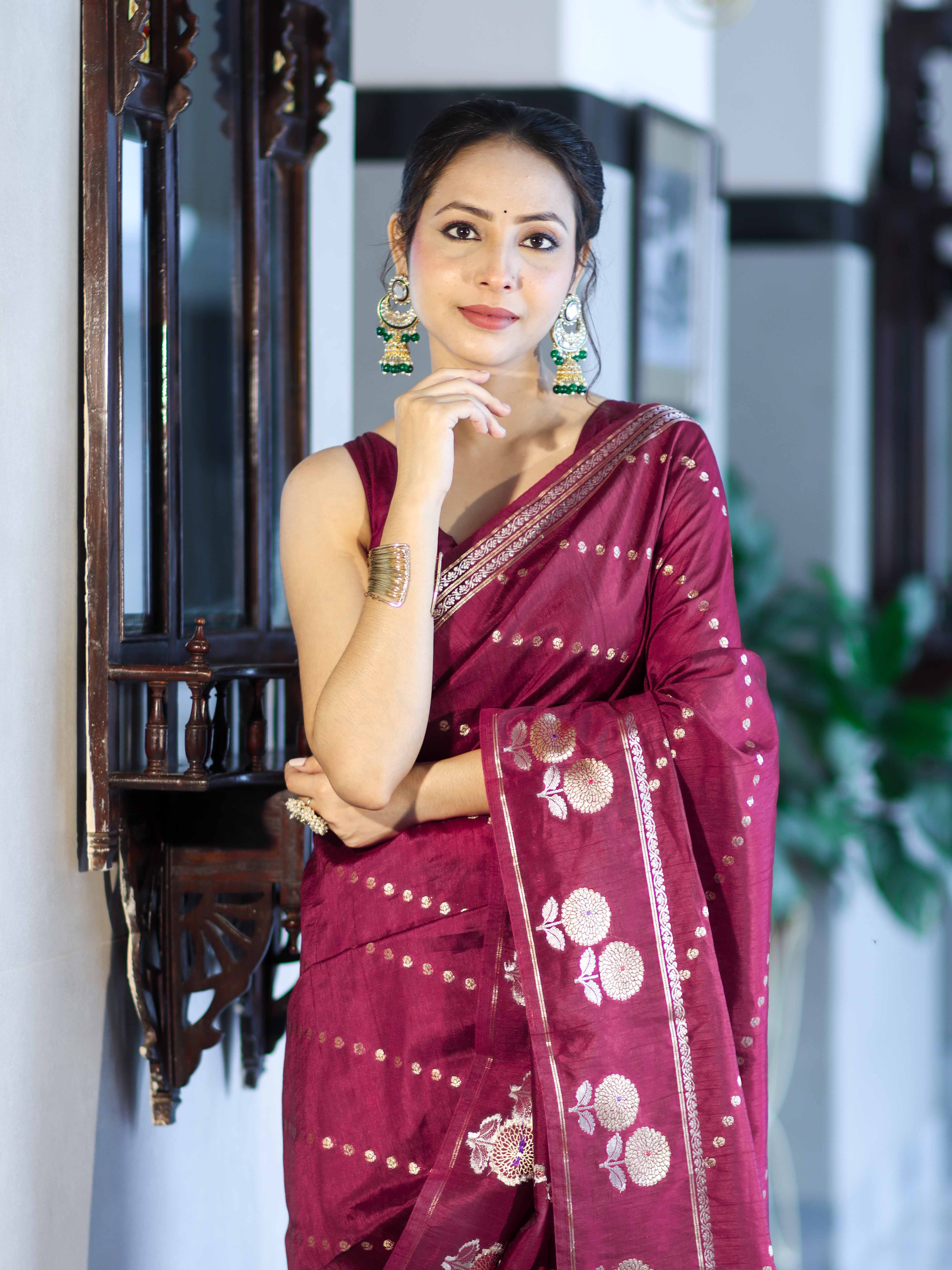 Banarasee Handloom Semi Dupion Silk Saree With Sona Rupa Zari Buti Design & Border-Burgundy