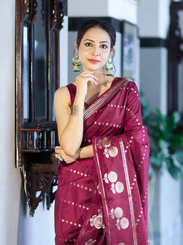 Banarasee Handloom Semi Dupion Silk Saree With Sona Rupa Zari Buti Design & Border-Burgundy