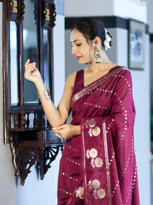 Banarasee Handloom Semi Dupion Silk Saree With Sona Rupa Zari Buti Design & Border-Burgundy