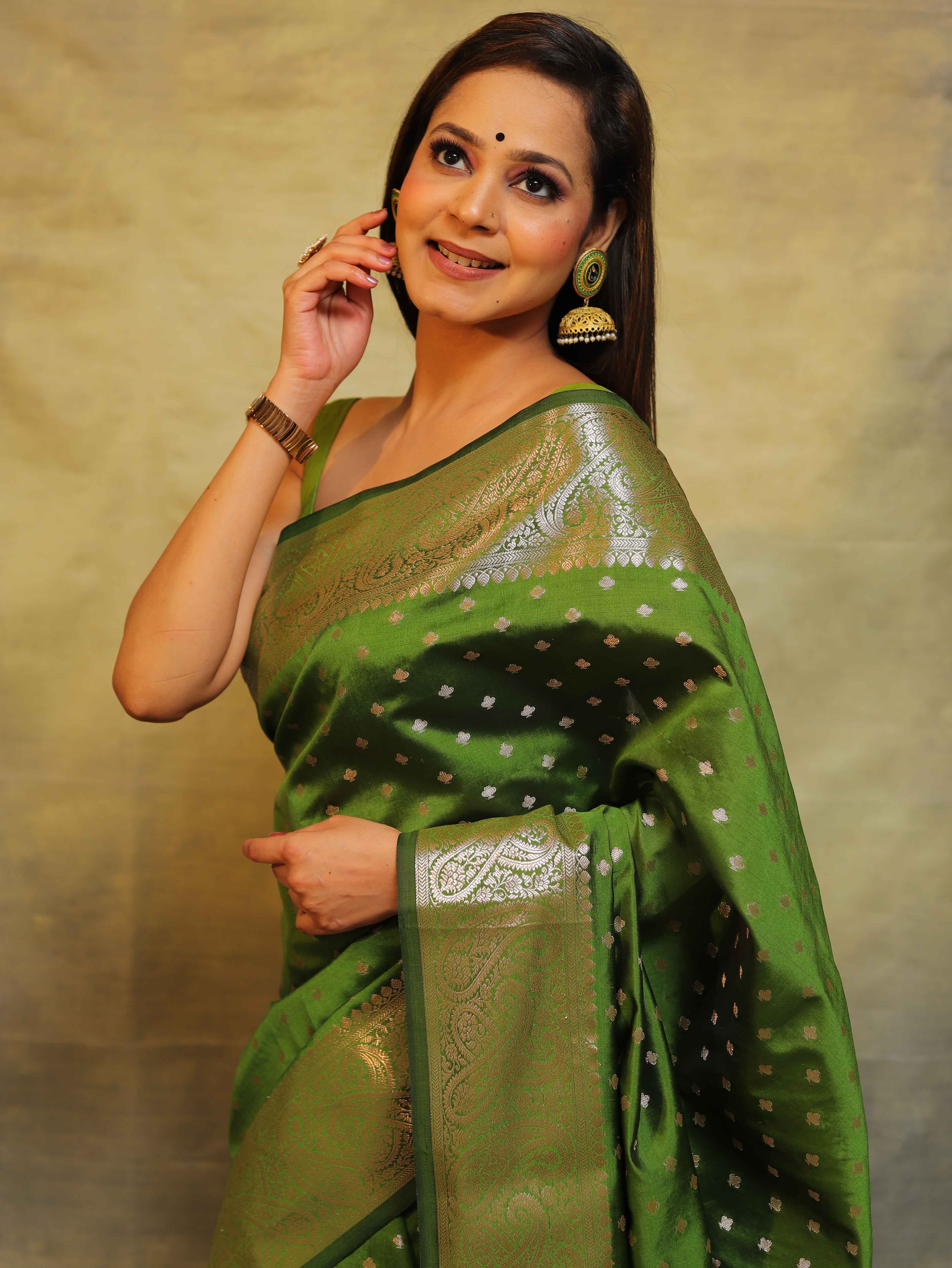 Banarasee Handwoven Semi Silk Saree With Zari Work-Olive Green
