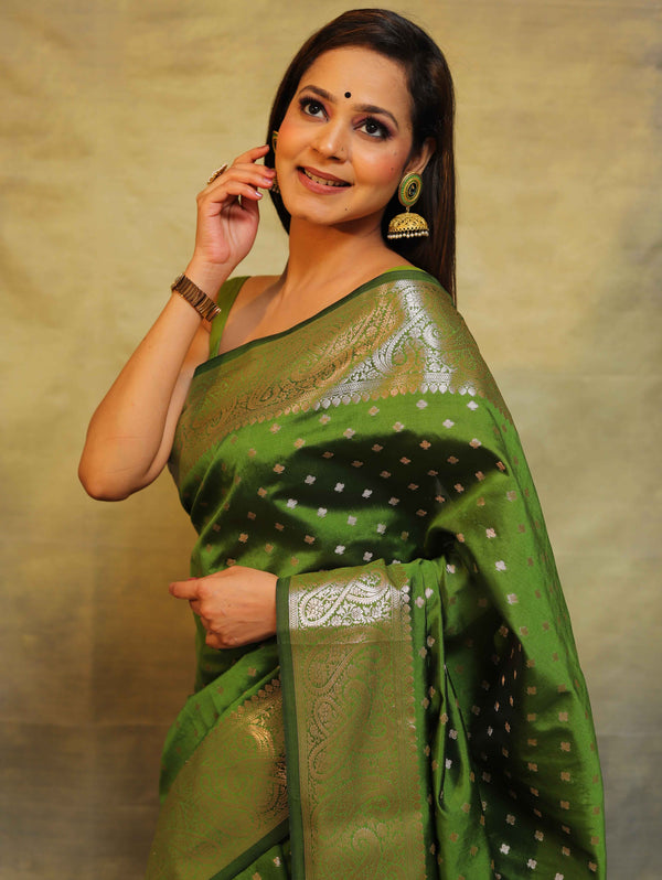 Banarasee Handwoven Semi Silk Saree With Zari Work-Olive Green