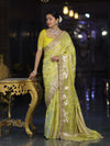 Banarasee Handloom Semi Silk Saree With Silver Zari Work Border & Lace-Lemon Yellow