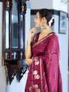 Banarasee Handloom Semi Dupion Silk Saree With Sona Rupa Zari Buti Design & Border-Burgundy
