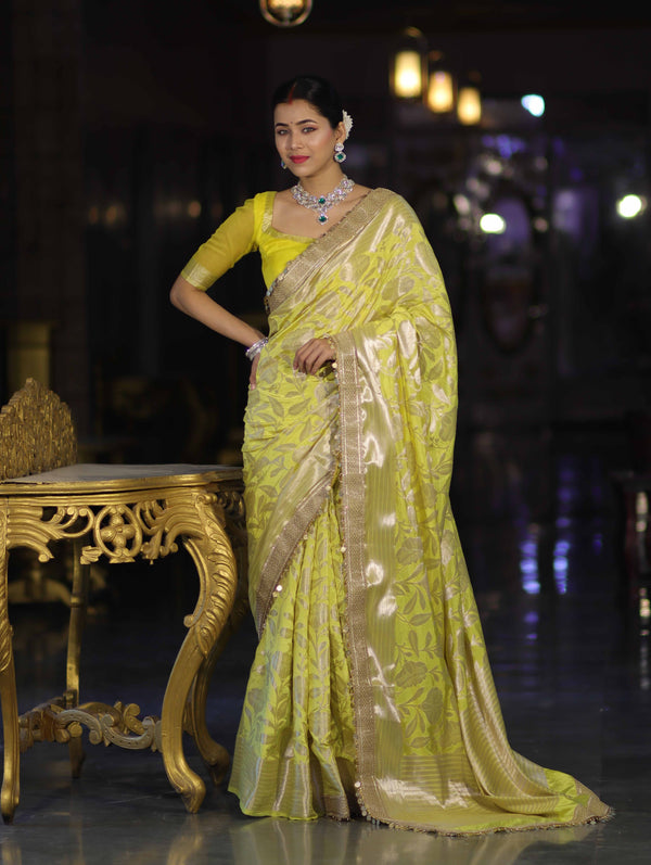 Banarasee Handloom Semi Silk Saree With Silver Zari Work Border & Lace-Lemon Yellow