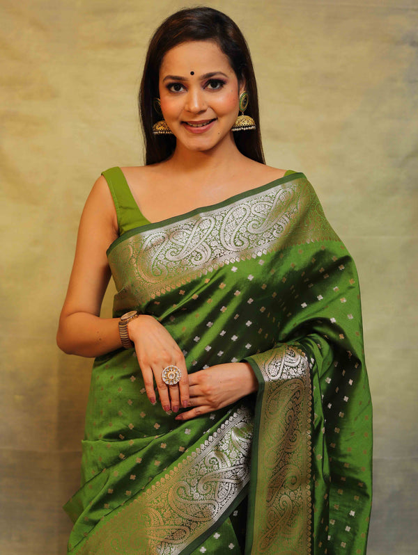 Banarasee Handwoven Semi Silk Saree With Zari Work-Olive Green