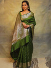 Banarasee Handwoven Semi Silk Saree With Zari Work-Olive Green