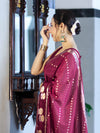 Banarasee Handloom Semi Dupion Silk Saree With Sona Rupa Zari Buti Design & Border-Burgundy