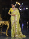 Banarasee Handloom Semi Silk Saree With Silver Zari Work Border & Lace-Lemon Yellow