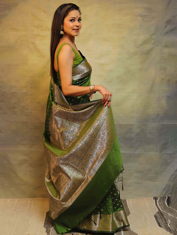 Banarasee Handwoven Semi Silk Saree With Zari Work-Olive Green