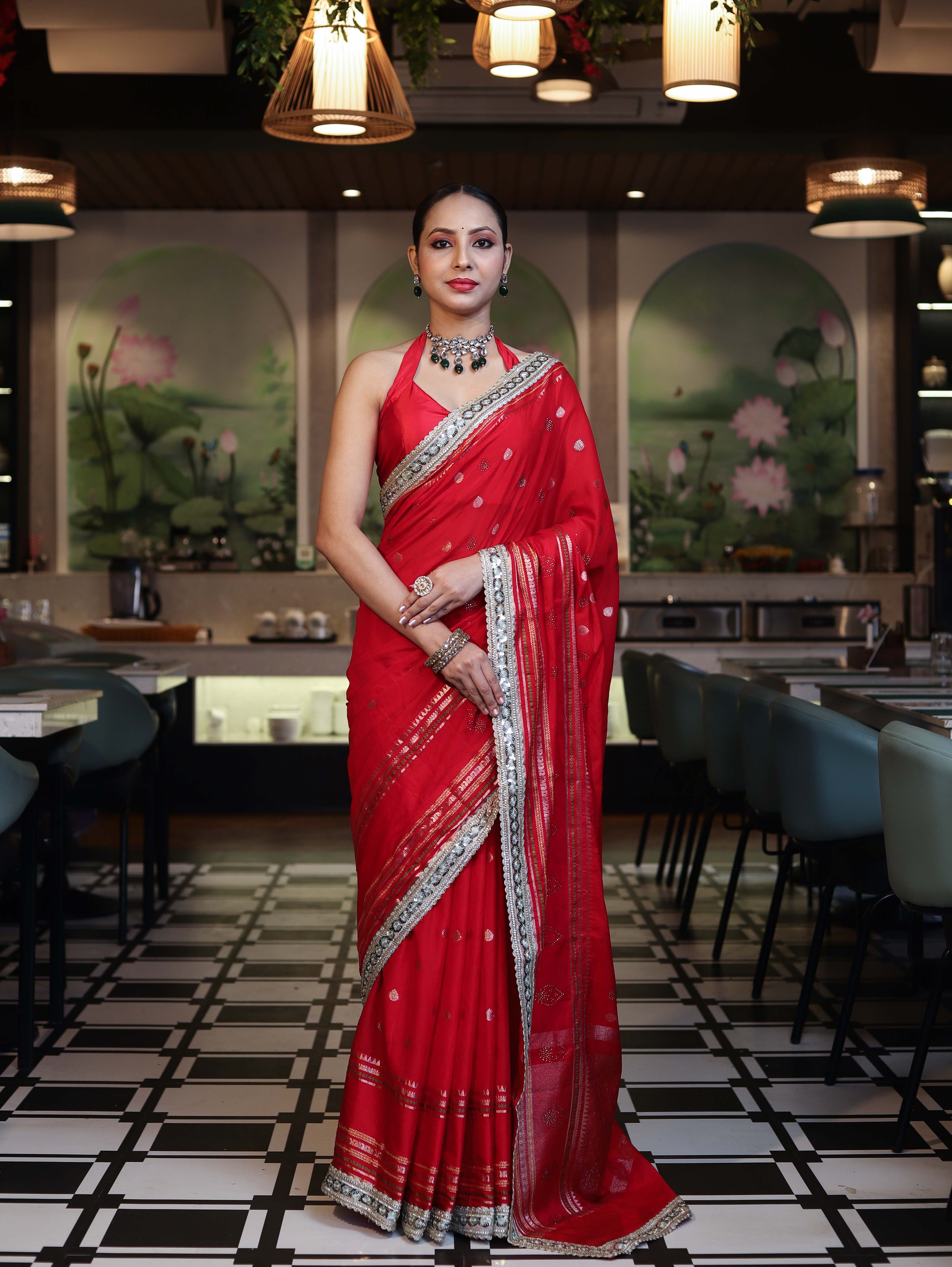 Banarasee Handloom Semi Silk Saree With Swarovski Work Border & Lace-Red