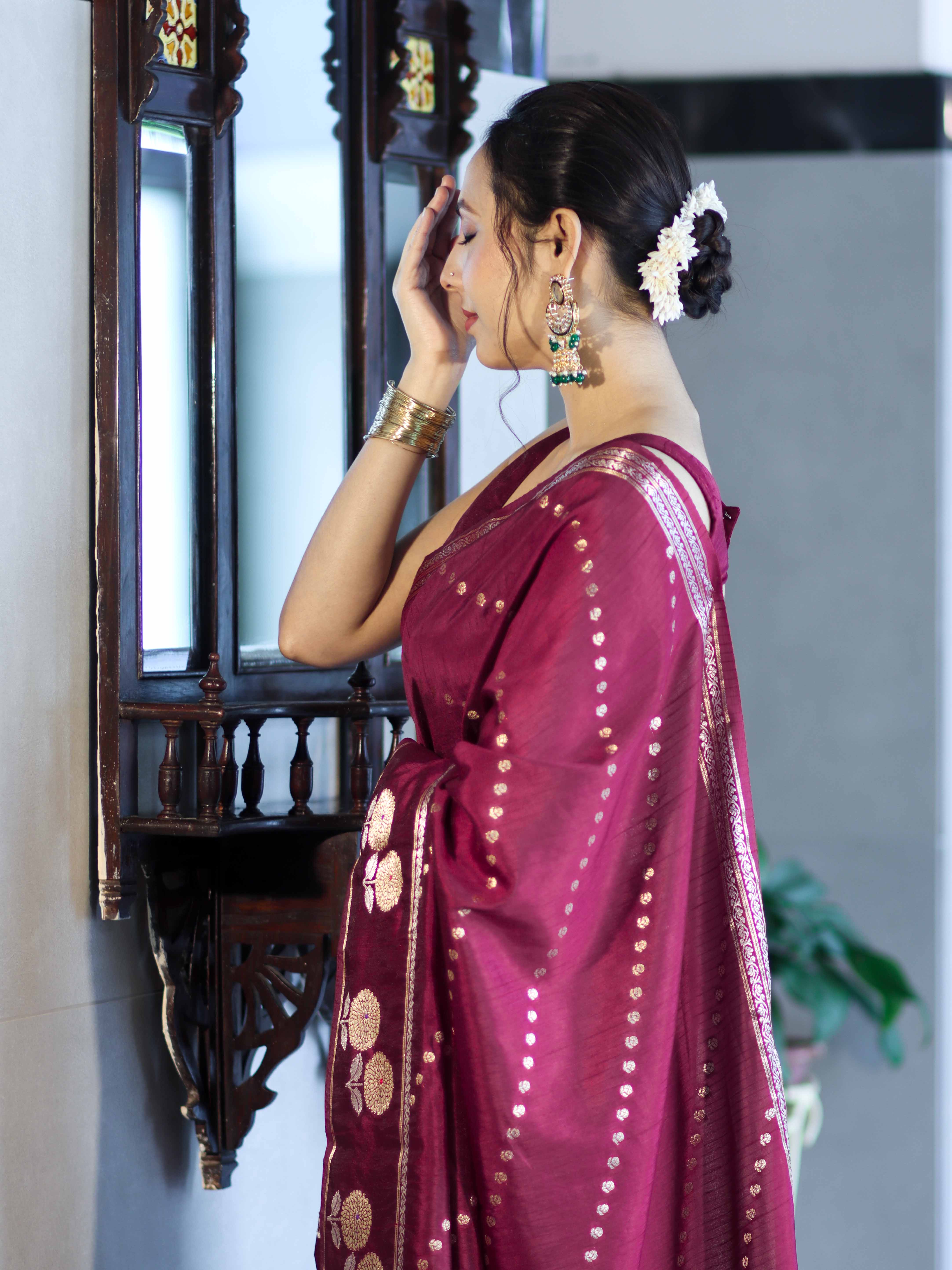 Banarasee Handloom Semi Dupion Silk Saree With Sona Rupa Zari Buti Design & Border-Burgundy