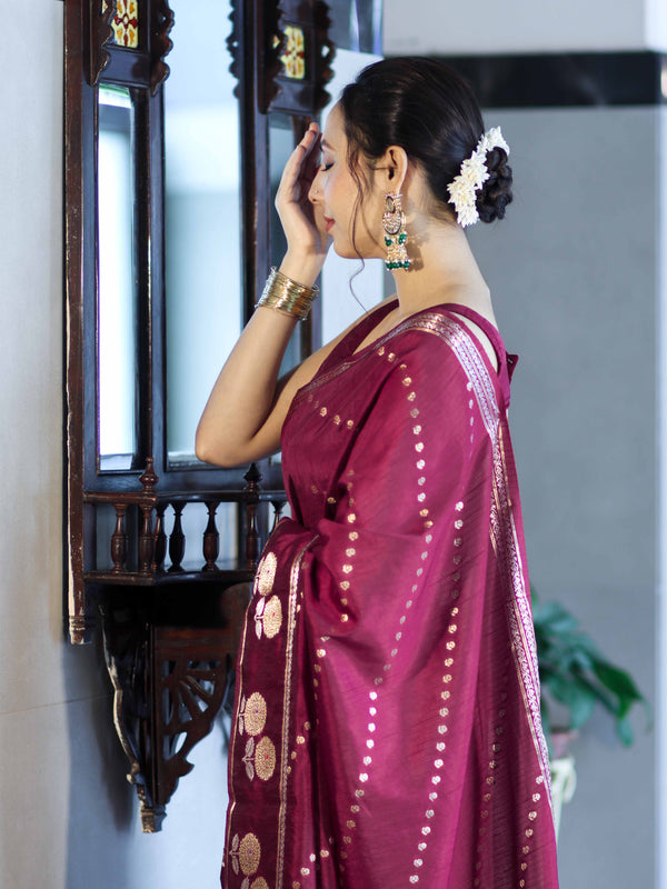 Banarasee Handloom Semi Dupion Silk Saree With Sona Rupa Zari Buti Design & Border-Burgundy
