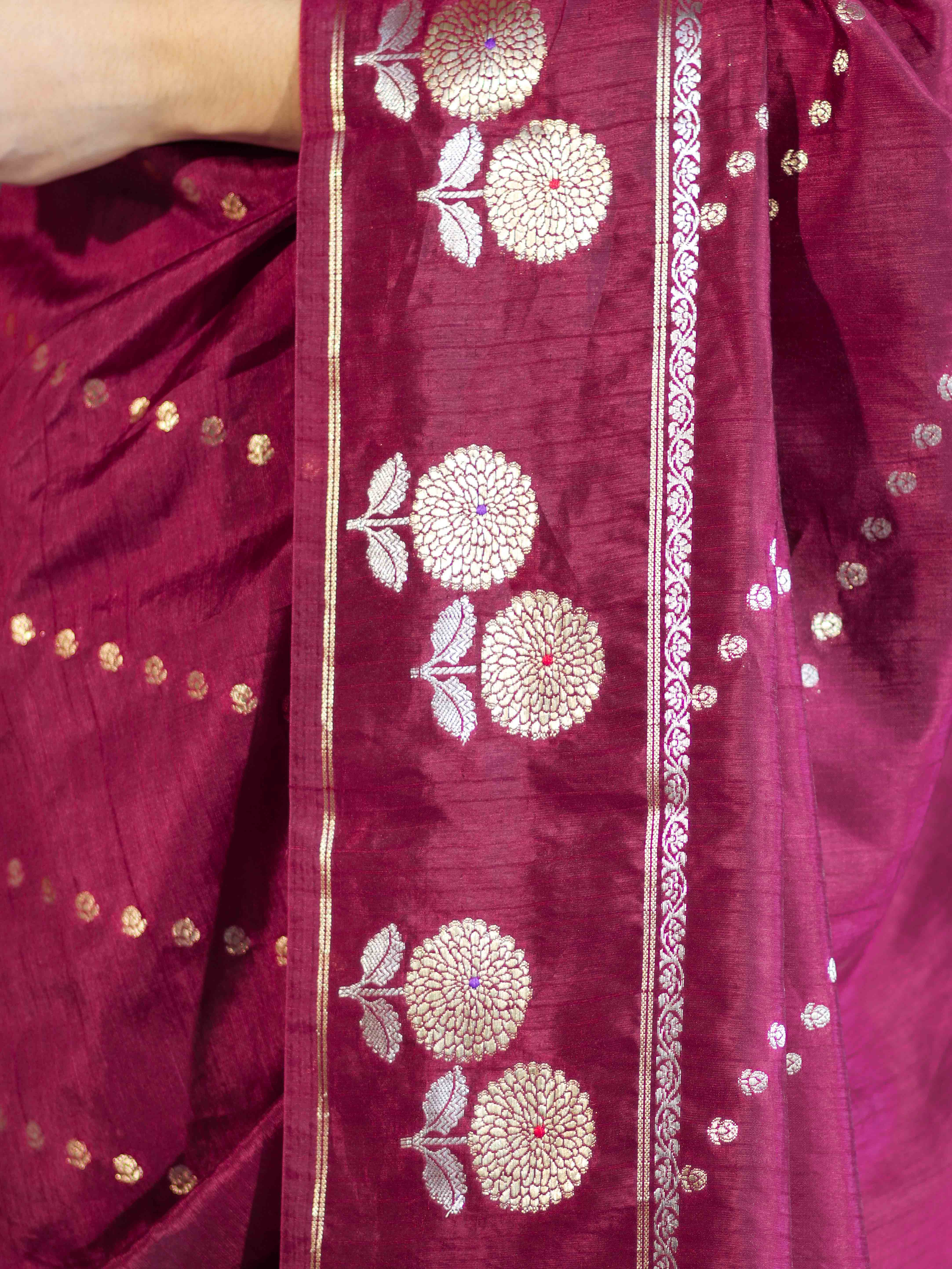 Banarasee Handloom Semi Dupion Silk Saree With Sona Rupa Zari Buti Design & Border-Burgundy