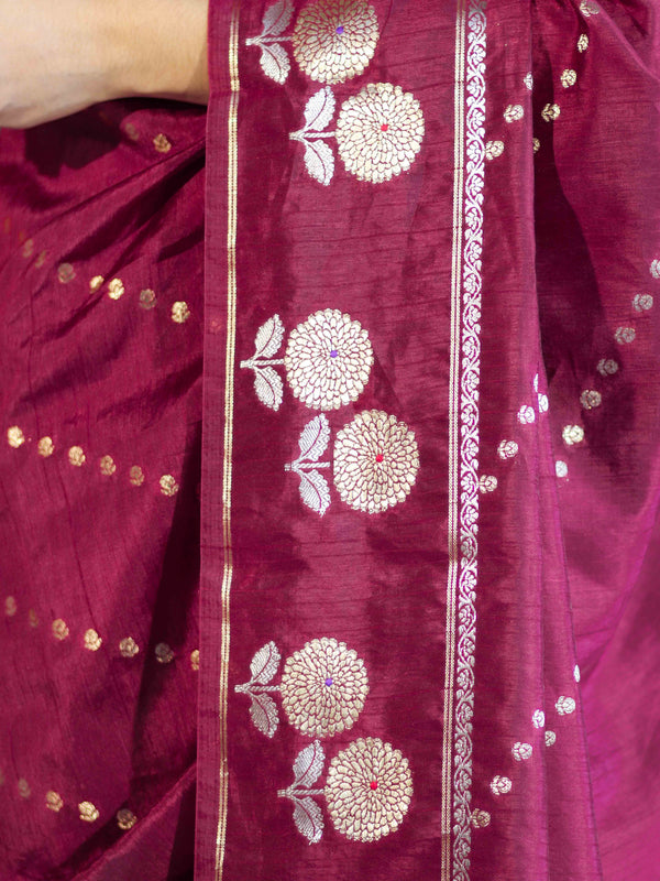 Banarasee Handloom Semi Dupion Silk Saree With Sona Rupa Zari Buti Design & Border-Burgundy