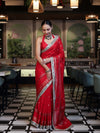 Banarasee Handloom Semi Silk Saree With Swarovski Work Border & Lace-Red
