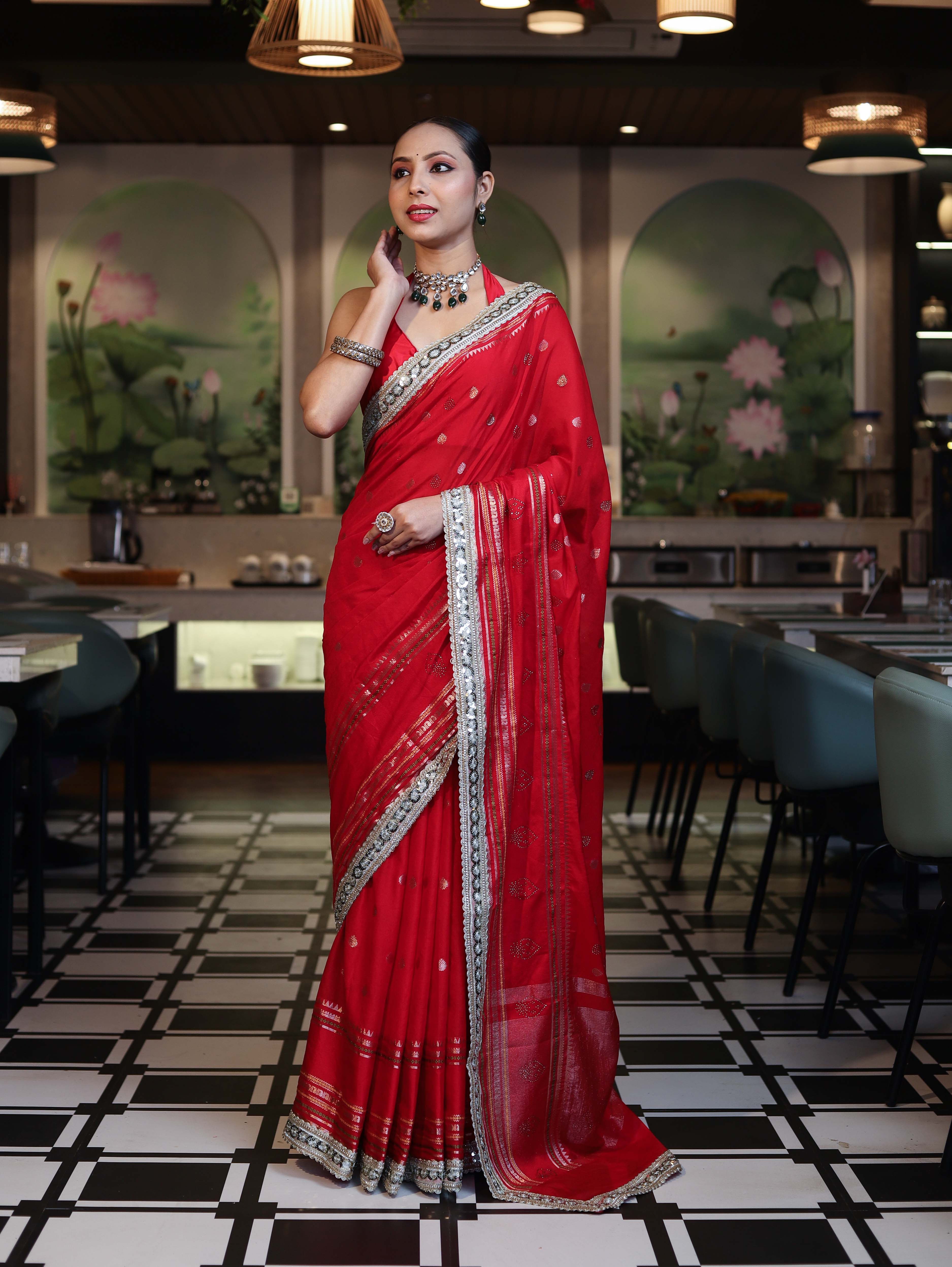 Banarasee Handloom Semi Silk Saree With Swarovski Work Border & Lace-Red