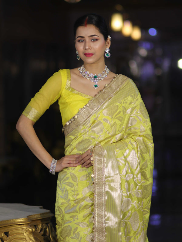 Banarasee Handloom Semi Silk Saree With Silver Zari Work Border & Lace-Lemon Yellow