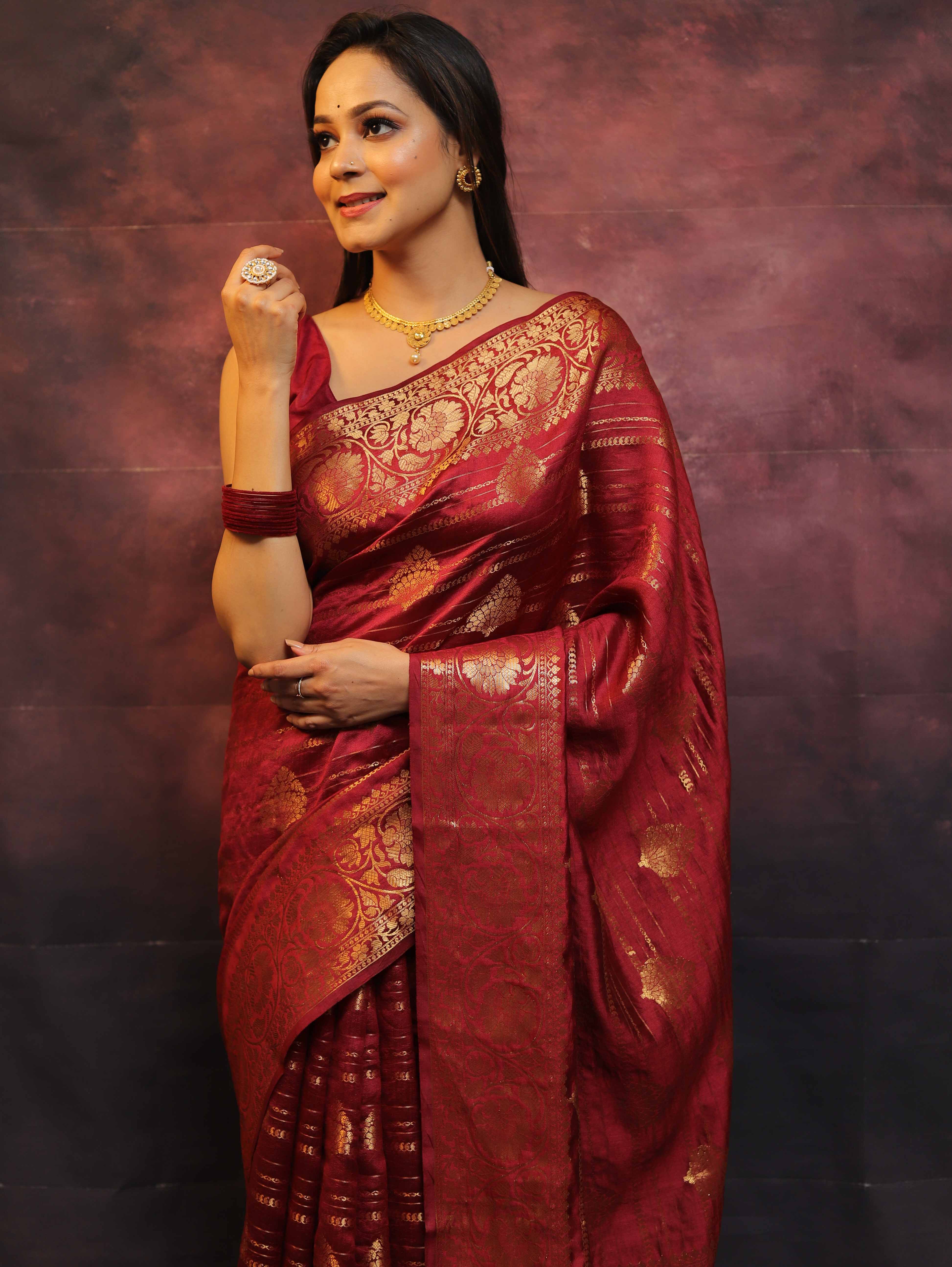 Banarasee Handloom Pure Chiniya Silk Saree With Zari Work-Maroon