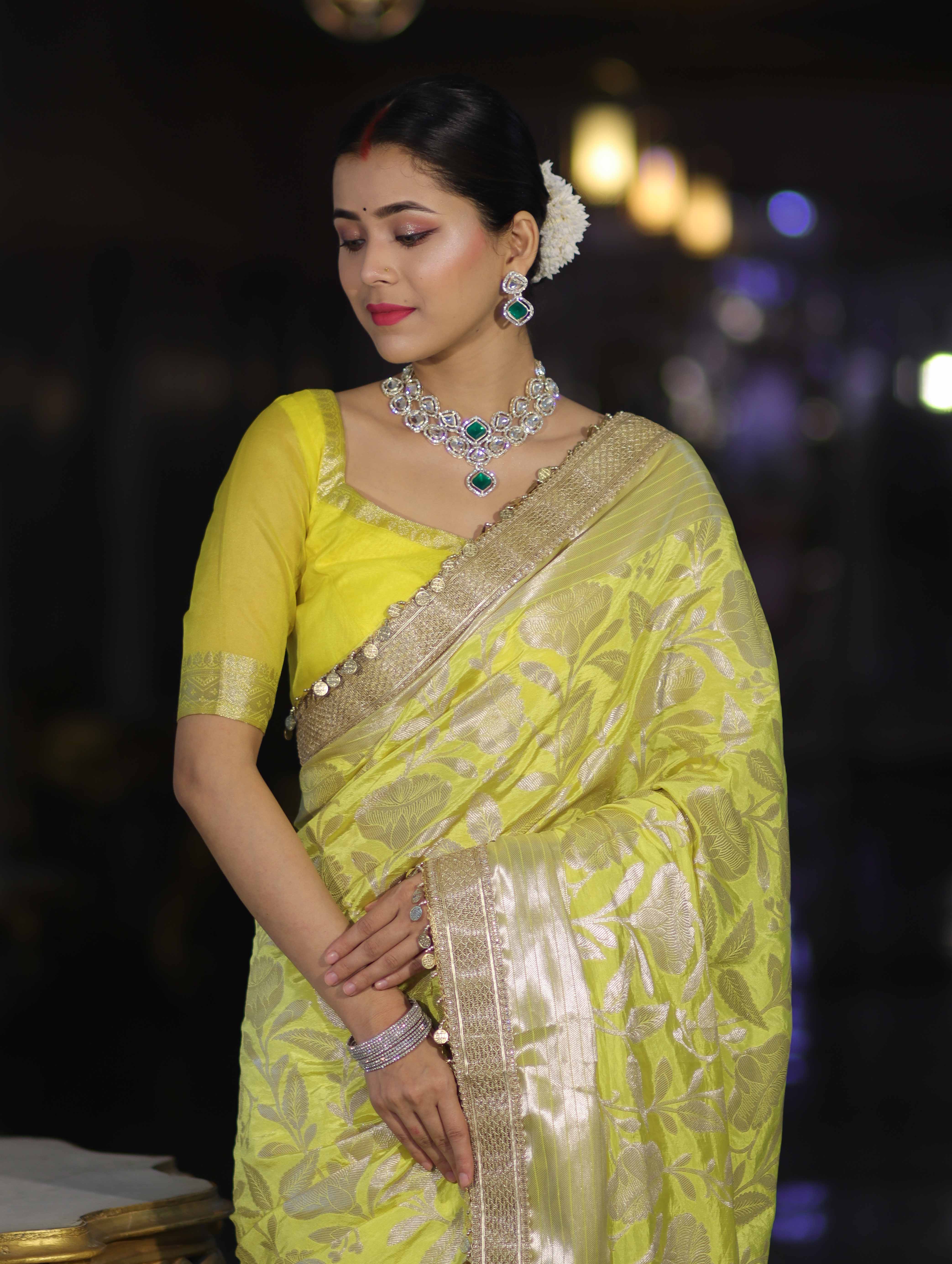 Banarasee Handloom Semi Silk Saree With Silver Zari Work Border & Lace-Lemon Yellow