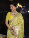 Banarasee Handloom Semi Silk Saree With Silver Zari Work Border & Lace-Lemon Yellow