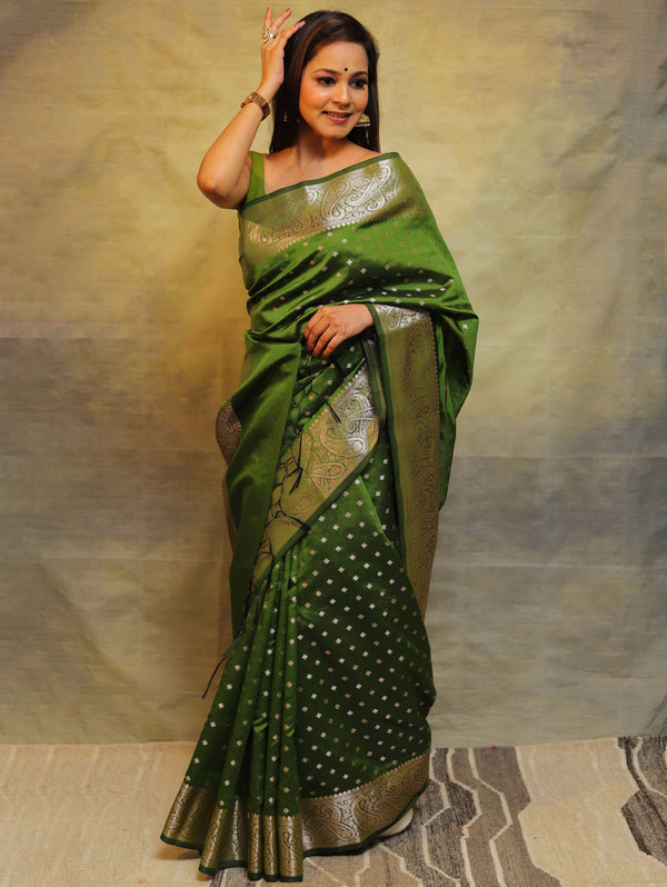 Banarasee Handwoven Semi Silk Saree With Zari Work-Olive Green