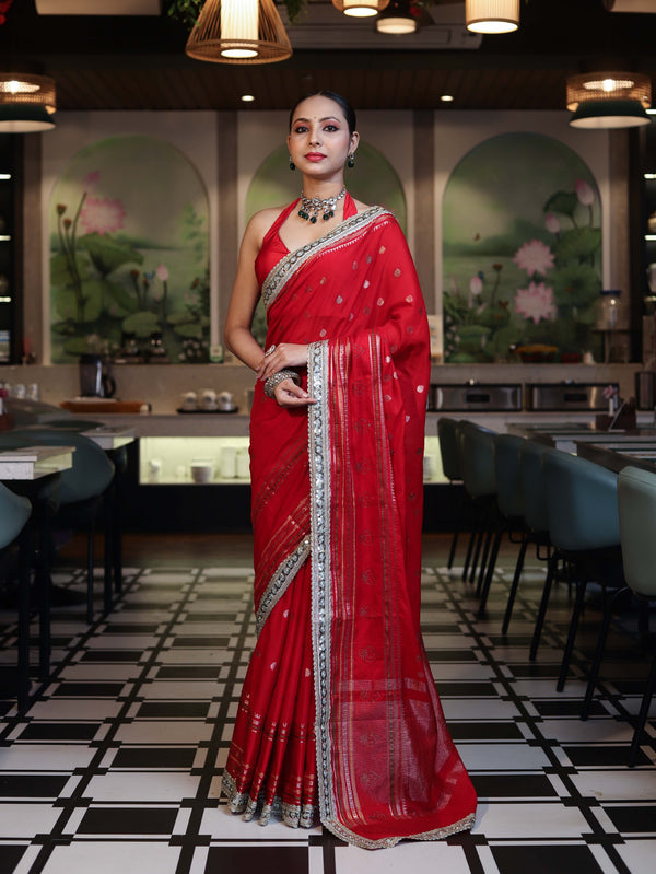 Banarasee Handloom Semi Silk Saree With Swarovski Work Border & Lace-Red