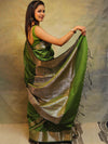 Banarasee Handwoven Semi Silk Saree With Zari Work-Olive Green