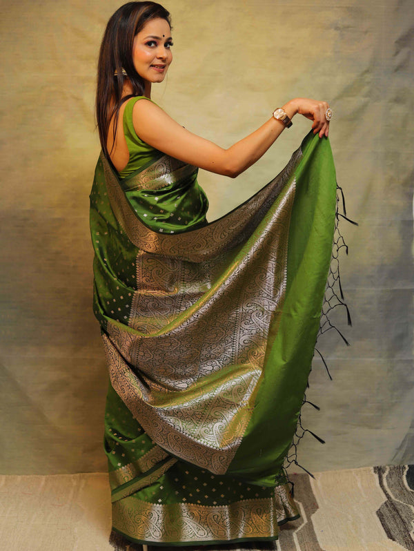 Banarasee Handwoven Semi Silk Saree With Zari Work-Olive Green