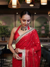 Banarasee Handloom Semi Silk Saree With Swarovski Work Border & Lace-Red