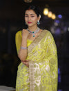Banarasee Handloom Semi Silk Saree With Silver Zari Work Border & Lace-Lemon Yellow