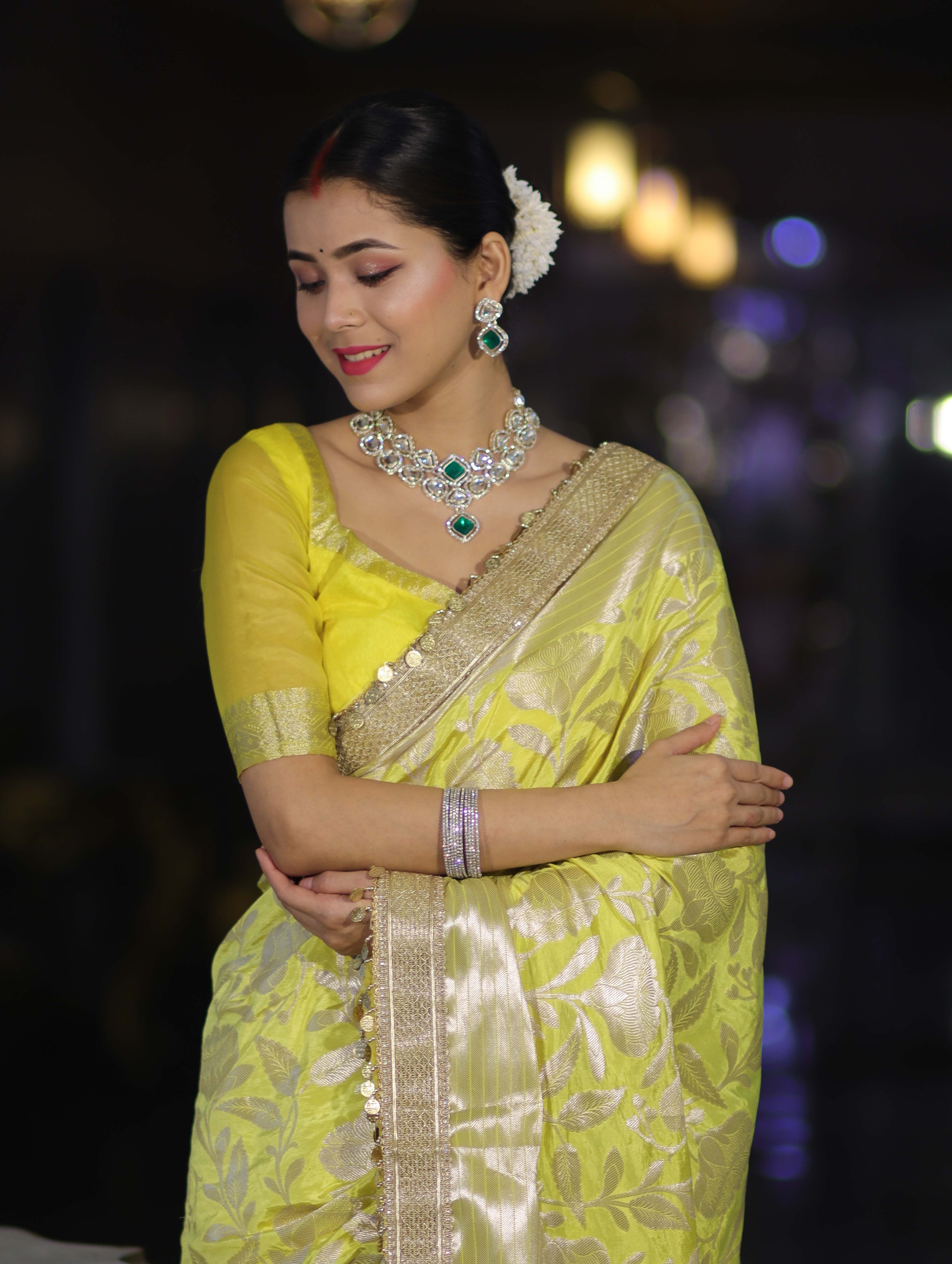 Banarasee Handloom Semi Silk Saree With Silver Zari Work Border & Lace-Lemon Yellow