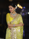 Banarasee Handloom Semi Silk Saree With Silver Zari Work Border & Lace-Lemon Yellow