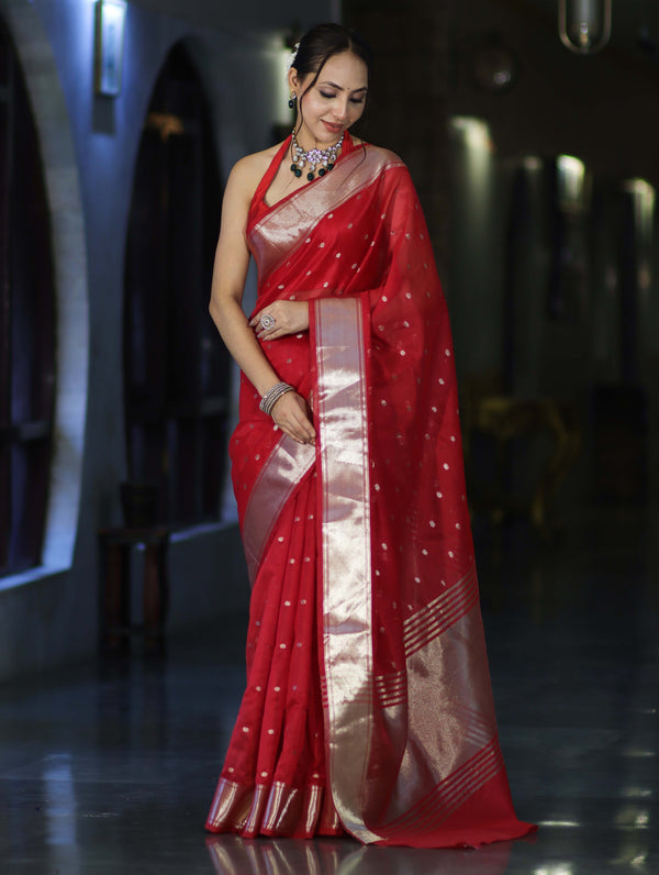 Banarasee Handloom Tissue Saree With Zari Buti Design & Border-Red