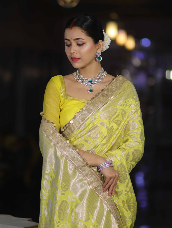 Banarasee Handloom Semi Silk Saree With Silver Zari Work Border & Lace-Lemon Yellow