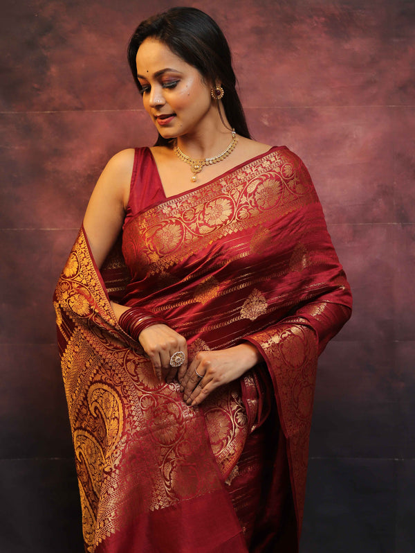 Banarasee Handloom Pure Chiniya Silk Saree With Zari Work-Maroon